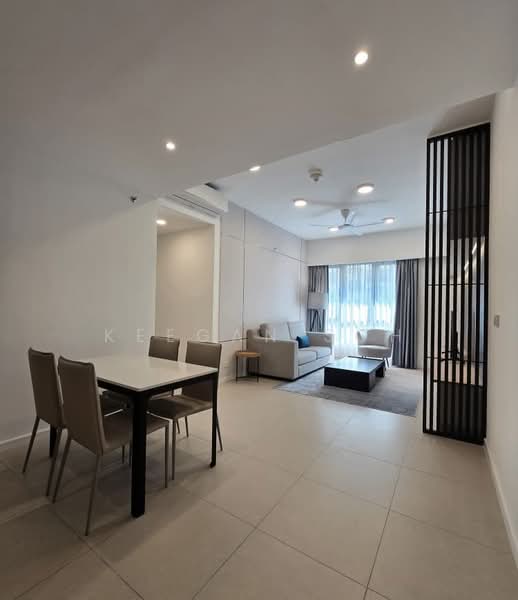 Living features: 3-seater fabric sofa in light grey, coffee table, TV console, wall-mounted TV, area rug, floor-to-ceiling windows, sheer curtains, ceiling fan with light, recessed downlights, light-coloured tiled flooring, decorative wall panel, dining table with 4 chairs; style: modern; view: city.