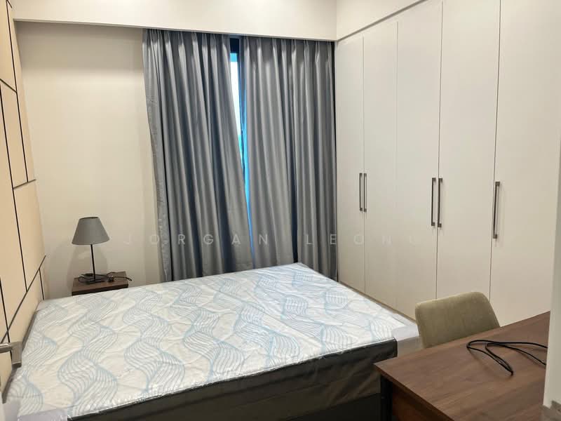 Bedroom features: queen-size bed, upholstered headboard, built-in wardrobe with sliding doors, wooden bedside table, desk with chair, grey curtains, light-colored walls, laminate flooring; style: modern.