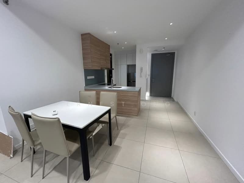 Kitchen features: white painted walls, light grey tiled flooring, wood cabinetry, kitchen island with countertop, stainless-steel sink, chrome pull-down faucet, built-in oven, stainless-steel range hood, 4-burner gas hob, recessed LED downlights, dining table with 4 chairs; style: modern.