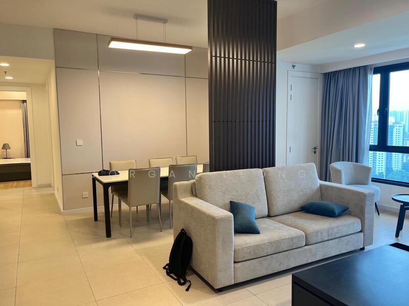 Living features: 3-seater fabric sofa in light grey, 2 blue accent pillows, coffee table, floor-to-ceiling windows, curtains, recessed ceiling lights, light-colored tile flooring, wall-mounted TV, decorative wall paneling; style: modern; view: city. Dining features: 6-seater dining table, metal dining chairs, light fixture above the table, neutral wall color, open layout, adjacent to living area; style: modern; view: city.