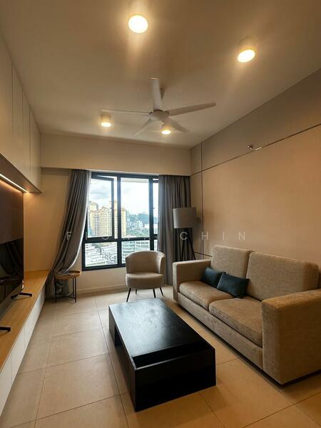 Living features: 3-seater fabric sofa in beige, coffee table in black, wall-mounted TV, TV console with wood finish, floor-to-ceiling windows, sheer curtains, 5-blade ceiling fan with light, recessed downlights, light grey walls, cream tiled flooring, decorative armchair, city view; style: modern; view: city.