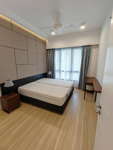 Bedroom features: queen-size bed base, wooden bedside table, table lamp, floor-to-ceiling windows, sheer curtains, grey curtains, wooden flooring, ceiling fan, recessed downlights, textured accent wall; style: modern.