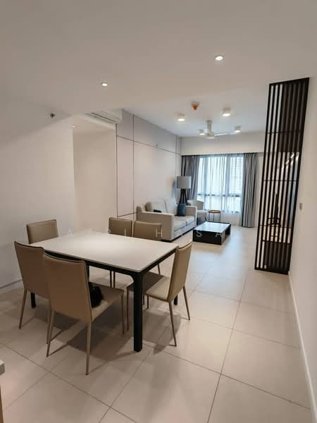 Dining features: 6-seater dining table, beige upholstered dining chairs, white tabletop, black metal legs, pendant lighting, wall-mounted air conditioning unit, light-colored tiled flooring, neutral painted walls; style: modern. Living features: 3-seater fabric sofa in light grey, coffee table, floor lamp, curtains, light-colored tiled flooring, wall-mounted TV, decorative wall paneling, recessed downlights; style: modern.