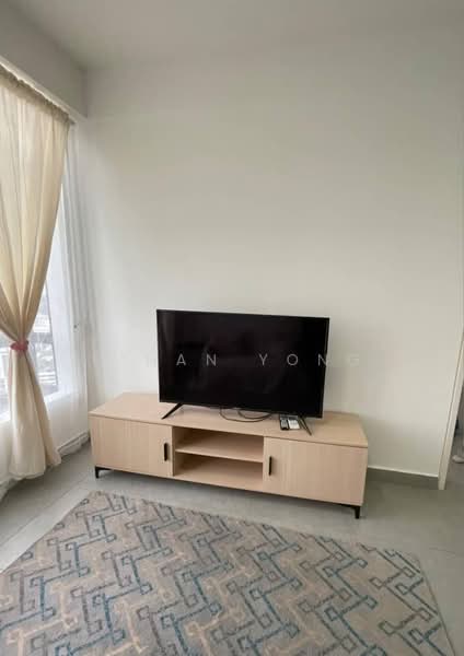 Living features: light grey walls, large window with sheer curtains, flat-screen TV on wooden console, light wood console with storage, area rug with geometric pattern, neutral tile flooring; style: modern.