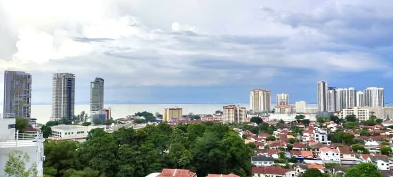 Exterior type: high-rise condominium; features: city skyline view, waterfront view, surrounded by greenery, mixed-use development, high-rise buildings, low-rise residential buildings; style: modern.