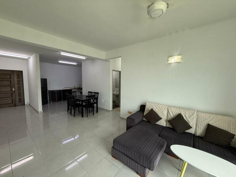 Living features: grey fabric L-shape sectional sofa, white coffee table, 4-seater dining table with black chairs, white painted walls, glossy white tile flooring, recessed LED downlights, ceiling fan, wall-mounted light fixture; style: modern. Room features: open layout, kitchen area visible in background, doorway leading to bathroom.