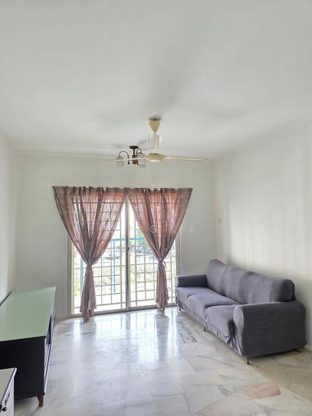 Living features: grey fabric sofa, ceiling fan with light, floor-to-ceiling windows, sheer curtains, marble flooring, white painted walls; style: modern.