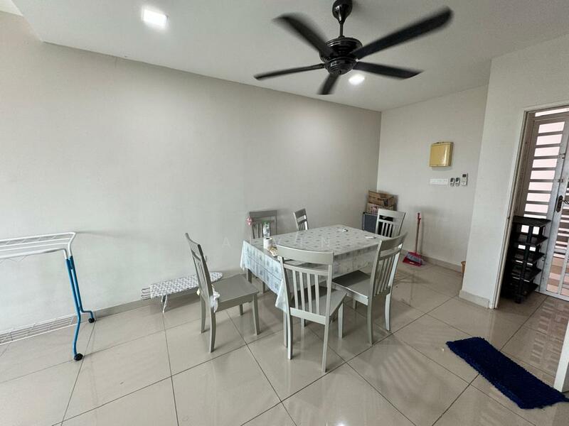 Dining features: square dining table, 4 dining chairs, white tablecloth, ceiling fan, wall-mounted mirror, tiled flooring, light-colored painted walls, sliding door, laundry rack, doorway to outside; style: modern.