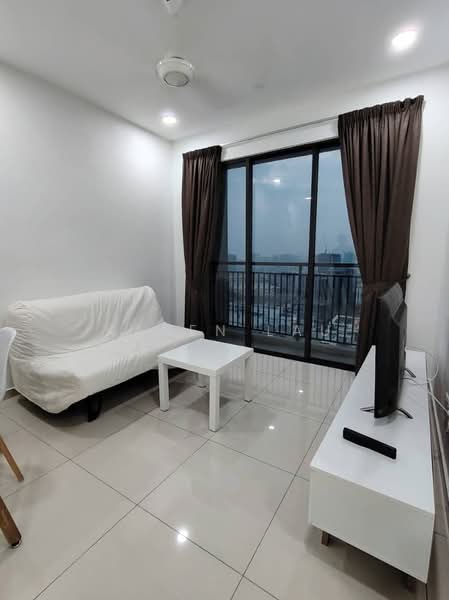 Living features: white sofa with cover, white coffee table, TV console, wall-mounted TV, floor-to-ceiling windows, brown curtains, recessed ceiling lights, glossy tile flooring, air conditioning unit; style: modern; view: city.