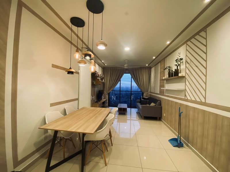 Dining features: wooden dining table with black metal legs, 4 white dining chairs, pendant lighting with multiple bulbs, cream painted walls with wood trim, floor-to-ceiling windows, curtains in light fabric, light-colored tiled flooring, decorative wall shelves, sofa in the background, decorative plants on shelves; style: modern; view: city.