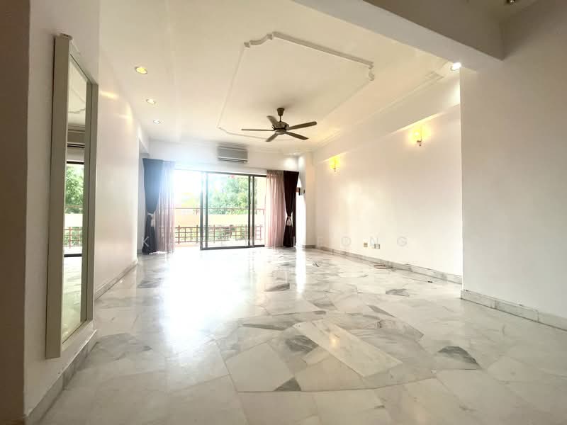 Living features: marble flooring, white painted walls, tray ceiling, 5-blade ceiling fan with light, floor-to-ceiling sliding glass door, sheer curtains, recessed downlights, mirror on wall, balcony view; style: modern; view: garden.