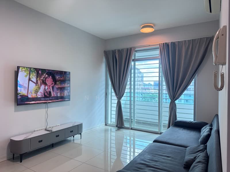 Living features: grey fabric sofa, wall-mounted TV, white painted walls, white ceiling, recessed downlights, floor-to-ceiling windows, sheer curtains, sliding glass door, tile flooring, air conditioning unit; style: modern; view: city.