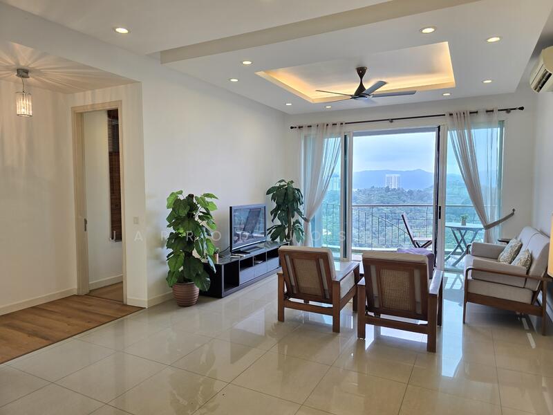 Living features: floor-to-ceiling windows, sliding glass door, 3-seater fabric sofa, 2-seater wooden sofa, coffee table, TV console, wall-mounted TV, ceiling fan with light, recessed downlights, marble flooring, decorative plants, curtains, mountain view; style: modern; view: mountain.