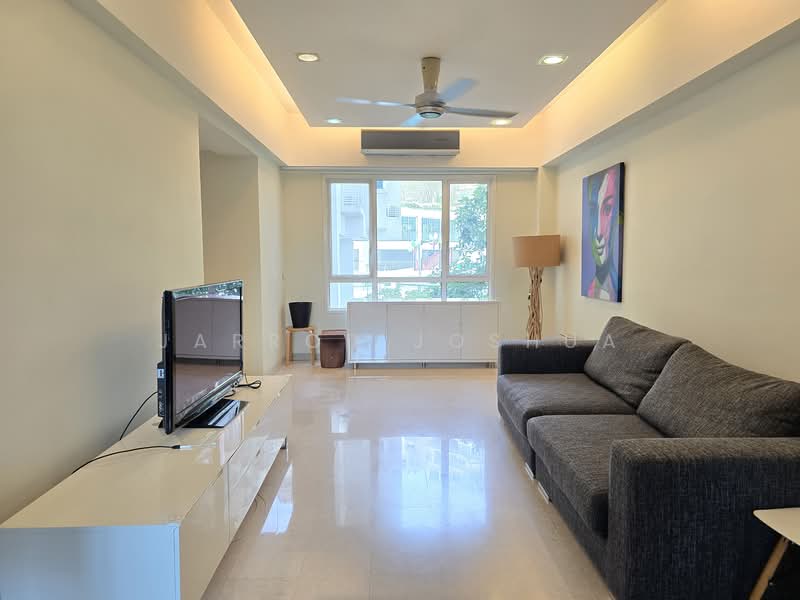 Living features: grey fabric L-shape sectional sofa, white TV console, wall-mounted flat-screen TV, ceiling fan with integrated light, recessed downlights, large floor-to-ceiling windows, laminate flooring, decorative wall art, light-colored painted walls, wooden floor lamp; style: modern.