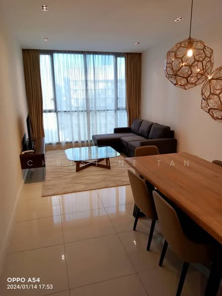 Living features: grey fabric sectional sofa, wood coffee table, TV console, wall-mounted TV, area rug, floor-to-ceiling windows, sheer curtains, recessed downlights, dining table with 4 chairs, light fixture with geometric design, cream painted walls, glossy tile flooring; style: modern; view: city.