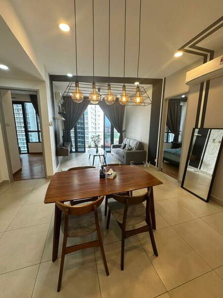 Dining features: wood dining table, 4 wooden dining chairs, pendant lighting with multiple bulbs, tile flooring, grey accent wall, large mirror, open layout to living area, floor-to-ceiling windows, city view, decorative plants; style: modern; view: city. Living features: fabric sofa, coffee table, TV console, floor-to-ceiling windows, natural light, decorative wall art; style: modern; view: city. Bedroom features: queen-size bed, bedding, bedside table, floor-to-ceiling windows, curtains; style: modern; view: city.