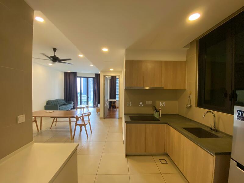 Kitchen features: single-bowl stainless-steel sink, chrome pull-down faucet, black countertop, wood cabinetry, built-in refrigerator, ceramic tile flooring, recessed downlights, wall-mounted split AC; style: modern. Living features: 3-seater fabric sofa in teal, round dining table, 4 upholstered dining chairs, floor-to-ceiling windows, curtains, area rug, ceiling fan; style: modern; view: city.
