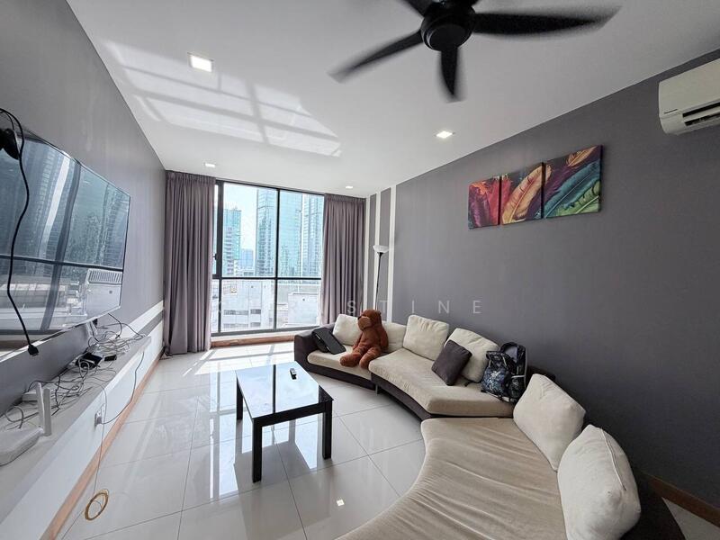 Living features: L-shape sectional sofa in cream, 3-seater fabric sofa in beige, coffee table with glass top, wall-mounted TV, white TV console, floor-to-ceiling windows, grey painted walls, recessed downlights, ceiling fan with light, curtains, decorative artwork on wall, tiled flooring; style: modern; view: city.