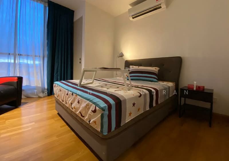 Bedroom features: queen-size bed with upholstered headboard, striped bedspread with stars, wooden flooring, 1 bedside table, table lamp, wall-mounted air conditioning unit, floor-to-ceiling window with sheer curtains, dark green curtains, decorative wall art, reading nook with armchair; style: modern; view: city.
