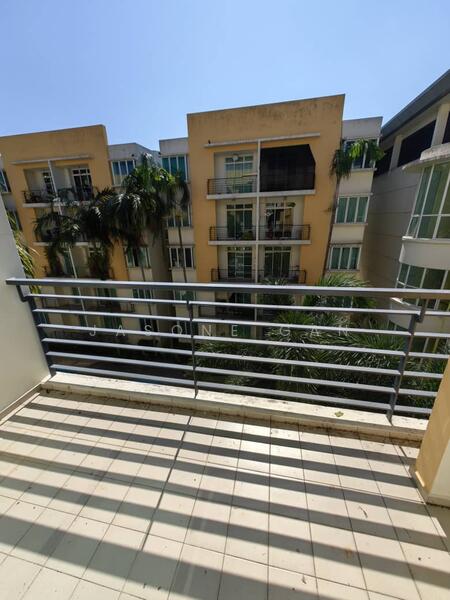 Balcony features: metal railing, tiled flooring, potted plants, view of building facade, sunny exposure, surrounding greenery; view: garden.