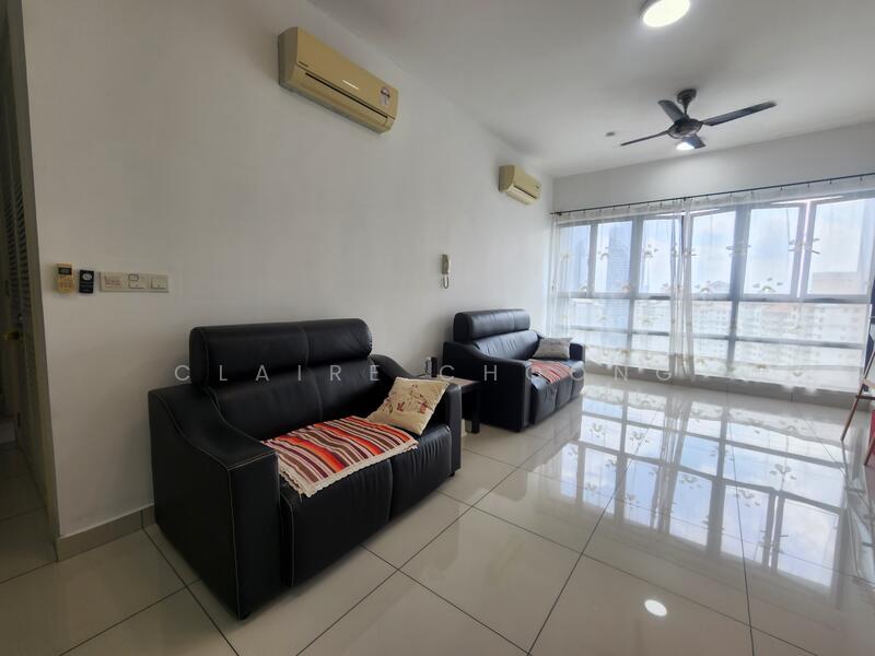 Living features: 2 black leather sofas, decorative throw pillows, white painted walls, glossy tile flooring, floor-to-ceiling windows, sheer curtains, 2 wall-mounted split AC units, ceiling fan with light, LED ceiling light; style: modern; view: city.