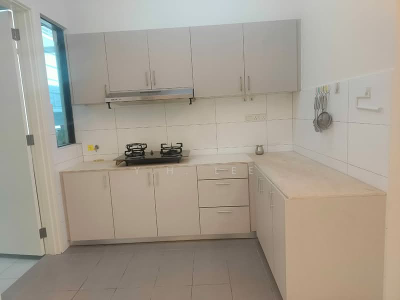 Kitchen features: light grey cabinetry, stainless-steel range hood, built-in gas stove with two burners, white tiled backsplash, laminate countertop, single-bowl stainless-steel sink, wall-mounted kitchen utensils holder, floor tiles in light grey; style: modern.