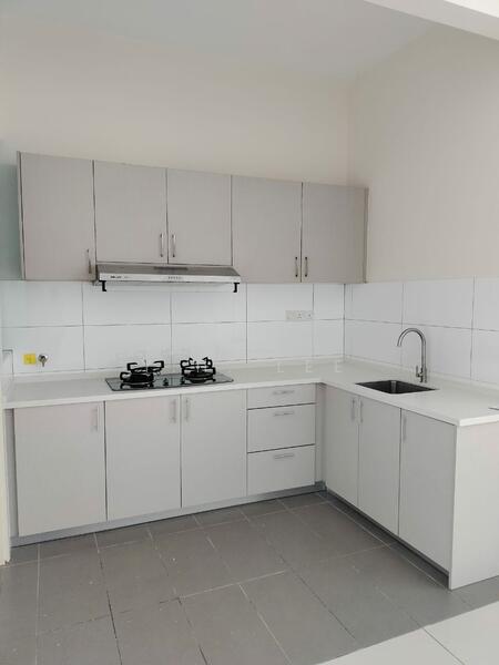 Kitchen features: white cabinetry, grey laminate countertop, stainless-steel sink, chrome pull-down faucet, built-in gas hob with 2 burners, stainless-steel range hood, white tiled backsplash, grey floor tiles, wall-mounted cabinets, drawer storage; style: modern.
