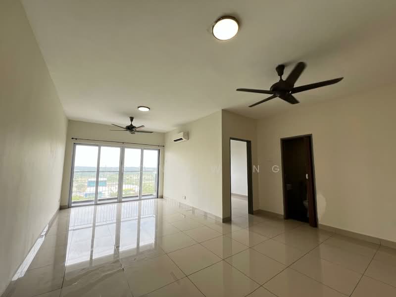 Living features: white painted walls, glossy ceramic tile flooring, 2 ceiling fans, sliding glass door, floor-to-ceiling windows, natural light from windows, air conditioning unit, neutral color scheme, view of the outside, open layout; style: modern; view: city.