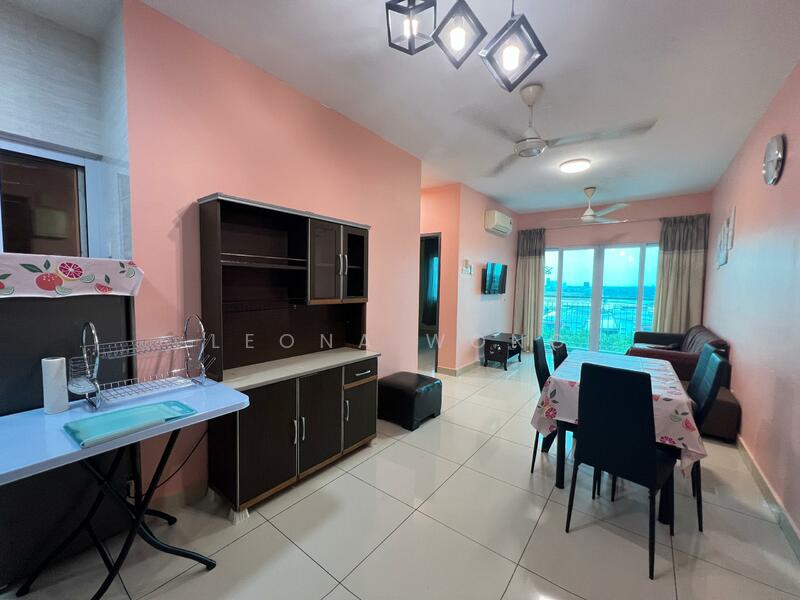 Living features: pink painted walls, white ceiling, recessed downlights, 5-blade ceiling fan, floor-to-ceiling windows, sliding glass door, dining table with floral tablecloth, black dining chairs, brown leather sofa, TV console, wall-mounted TV, ceramic tile flooring, open shelving unit, kitchenette with sink; style: modern; view: city.