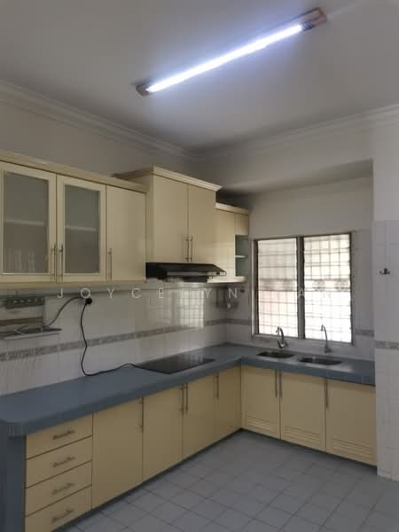 Kitchen features: yellow cabinetry, grey countertop, double-bowl stainless-steel sink, chrome pull-down faucet, built-in range hood, wall-mounted light fixture, tile backsplash, white tiled flooring, window with grid pattern; style: modern.
