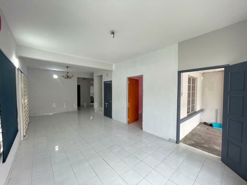 Room features: white painted walls, grey tiled flooring, ceiling light fixture, window with blinds, doorway leading to another room, doorway leading to outdoor area, open layout, neutral color scheme; style: modern.