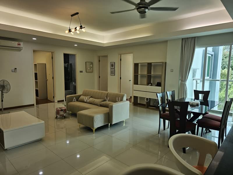 Living features: 3-seater fabric sofa in beige, coffee table, ceiling fan with light, recessed downlights, wall-mounted air conditioning unit, floor-to-ceiling windows, sliding glass door, white painted walls, glossy ceramic tile flooring, decorative wall art, open layout to dining area; style: modern; view: garden. Dining features: 4-seater dining table, upholstered dining chairs in red, sideboard cabinet, white painted walls, glossy ceramic tile flooring; style: modern; view: garden.