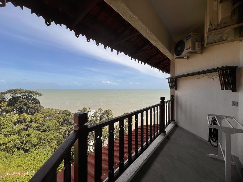Balcony features: wooden railing, tiled flooring, sea view, outdoor clothes drying rack, air conditioning unit, overhead roof, greenery view; style: modern; view: sea.