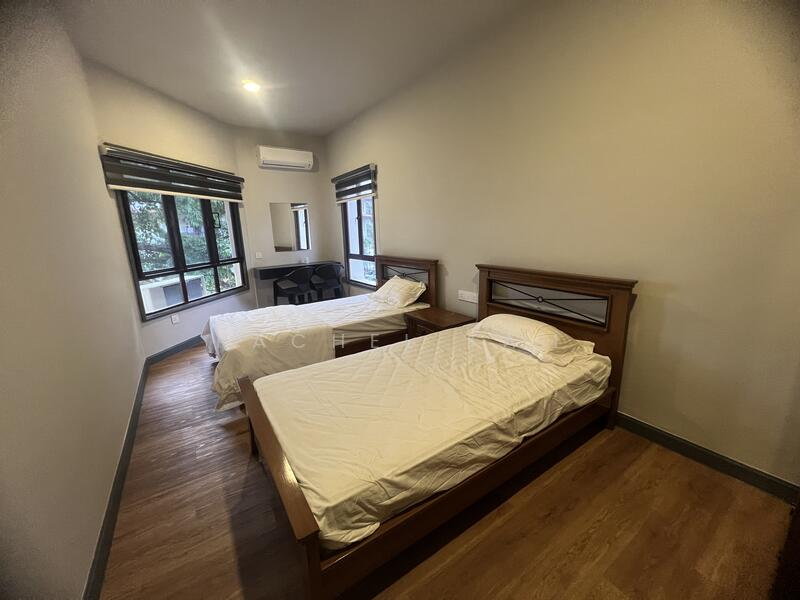 Bedroom features: two single beds with wooden frames, white bed linens, wooden flooring, two windows with black roller blinds, wall-mounted air conditioning unit, study desk with black chair, light grey painted walls, ceiling light fixture; style: modern.