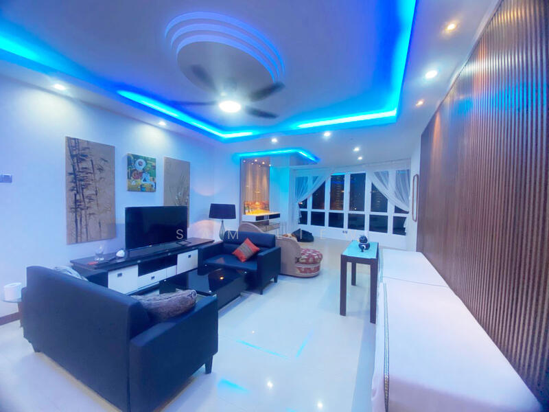 Living features: black fabric sofa, 3-seater sofa, coffee table, TV console, wall-mounted TV, decorative wall art, recessed ceiling lights, blue LED strip lighting, white walls, glossy tile flooring, ceiling fan, large windows with white frames; style: modern.