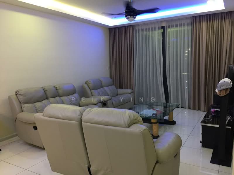 Living features: 3-seater leather sofa in light grey, 2 recliner chairs in light grey, glass coffee table with wooden legs, floor-to-ceiling windows with sheer curtains, curtains in beige, white painted walls, polished ceramic tile flooring, ceiling fan with integrated LED light, recessed lighting with color-changing LED strip; style: modern.