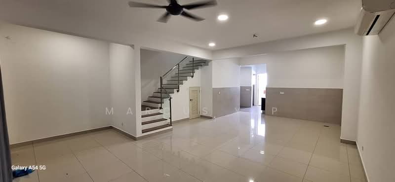 Living features: white painted walls, cream tiled flooring, 5-blade ceiling fan, recessed LED downlights, staircase with wooden steps, window with natural light, air conditioning unit, open layout; style: modern.