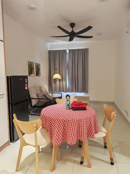 Dining features: round dining table with red checkered tablecloth, 4 wooden dining chairs, refrigerator, ceiling fan with 3 blades, floor-to-ceiling window with grey curtains, light fixture hanging over the table, decorative doll on the table, fruit bowl on the table, white painted walls, glossy tile flooring; style: modern. Living features: sofa chair, floor lamp, wall-mounted air conditioning unit; style: modern.