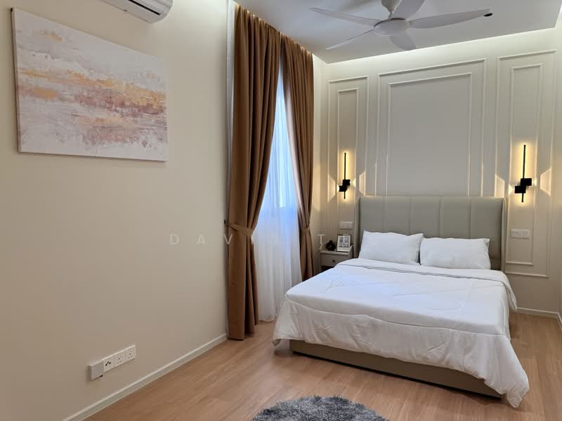 Bedroom features: queen-size bed with upholstered headboard, white bedding, wooden flooring, cream painted walls, recessed lighting, 2 wall-mounted sconces, floor-to-ceiling window with sheer curtains, decorative artwork on wall, ceiling fan with light; style: modern.
