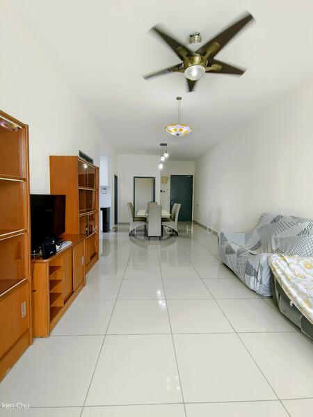 Living features: white painted walls, glossy ceramic tile flooring, 5-blade ceiling fan with light, recessed downlights, sofa with patterned upholstery, wooden TV console, wall-mounted TV, dining table with chairs, decorative pendant light, open layout, neutral color scheme; style: modern.