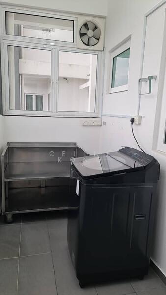 Laundry features: front-load washing machine in black, stainless-steel laundry sink, wall-mounted exhaust fan, grey tiled flooring, white painted walls, window with clear glass, additional window for natural light, countertop for folding clothes; style: modern.