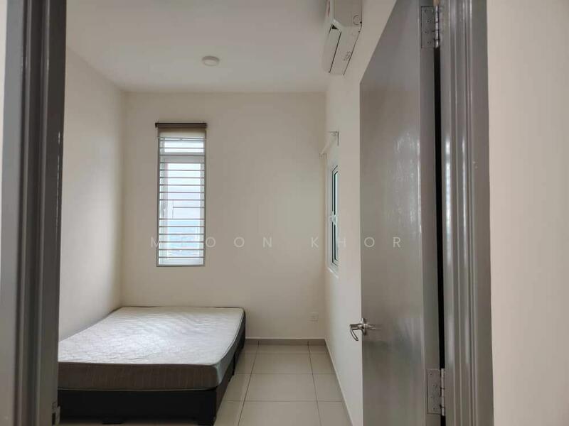 Bedroom features: white painted walls, tile flooring, single bed frame, window with blinds, air conditioning unit, light fixture on ceiling, door with handle, neutral color scheme; style: modern.