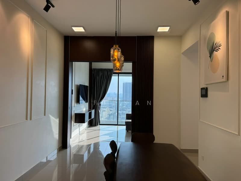 Dining features: dining table, wooden dining chairs, pendant light fixture, white painted walls, glossy tile flooring, floor-to-ceiling windows, curtains, wall-mounted TV, decorative wall art, view of city skyline; style: modern; view: city.