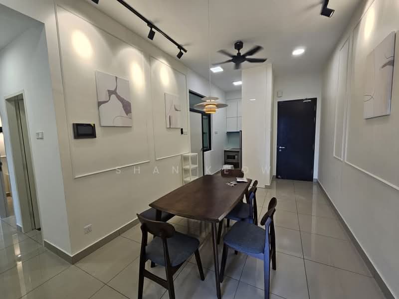 Dining features: 4-seater dining table, black wooden dining chairs, white painted walls, recessed downlights, ceiling fan, grey tiled flooring, framed artwork on walls, open kitchen view; style: modern. Kitchen features: white cabinetry, built-in oven, stainless-steel appliances, black countertop, glass backsplash, open layout to dining area; style: modern.