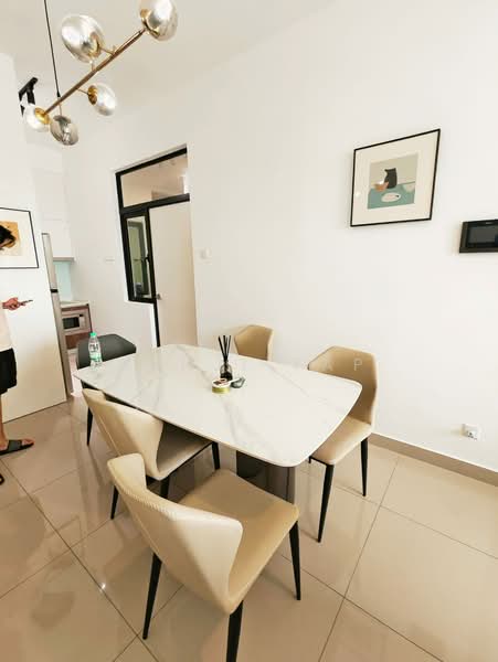 Dining features: marble dining table, 6-seater dining table, upholstered dining chairs in beige, white painted walls, tile flooring, pendant light fixture, framed artwork on wall, decorative vase with sticks; style: modern.