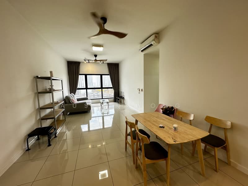 Living features: white painted walls, glossy ceramic tile flooring, 5-blade ceiling fan with light, floor-to-ceiling windows, curtains, sofa, coffee table, open shelving unit, dining table with chairs, air conditioning unit; style: modern; view: city.