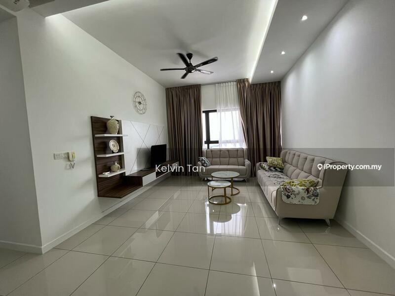 Living features: 3-seater fabric sofa in light grey, 2-seater fabric sofa with floral pattern, round coffee table with white top, TV console with wood finish, wall-mounted TV, floor-to-ceiling window with sheer curtains, light-coloured walls, glossy ceramic tile flooring, ceiling fan with integrated light, recessed downlights, decorative wall clock; style: modern.