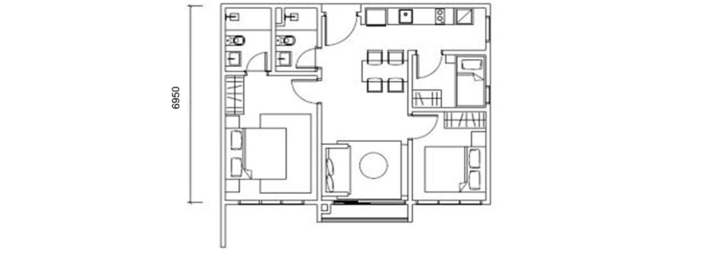 Floor plan: 3-bedroom 2-bathroom unit; features: open-plan kitchen-dining-living, master bedroom with ensuite bathroom, bedroom 2 with shared bathroom, utility room, central foyer, balcony off living room, 2 car porch, 1,250 sqft built-up.