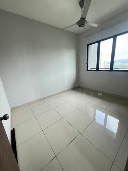 Room features: white painted walls, glossy ceramic tile flooring, ceiling fan, floor-to-ceiling window, city view, single door, neutral color scheme; style: modern; view: city.