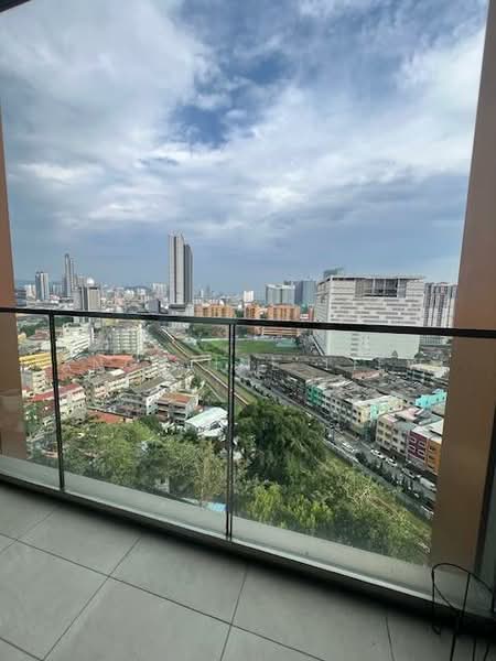 Room features: glass balcony railing, city skyline view, tile flooring, outdoor space, high-rise building, urban landscape, cloudy sky, greenery below; style: modern; view: city.